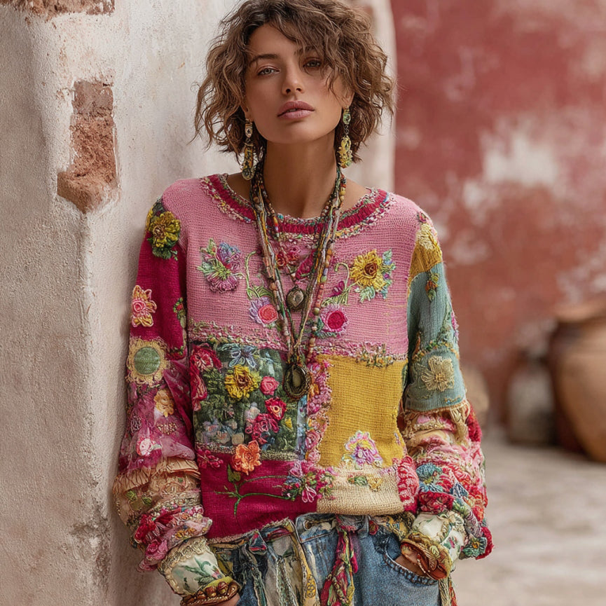 Women's Floral Embroidery Patchwork Art Pullover Cozy Knit Sweater artswardrobe