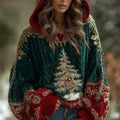 Comstylish Women's Gold Christmas Tree Knit Hooded Sweater