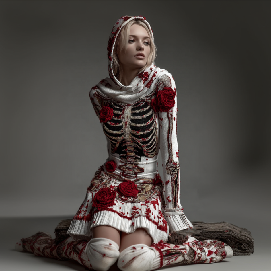 Comstylish Halloween Blood Rose Women's Knit Hooded Sweater Dress