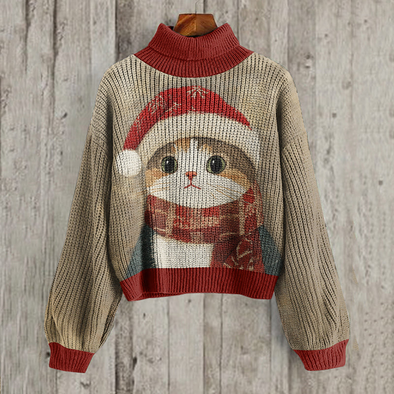 Comstylish Cute Christmas Cat Print Turtleneck Knitted Sweater