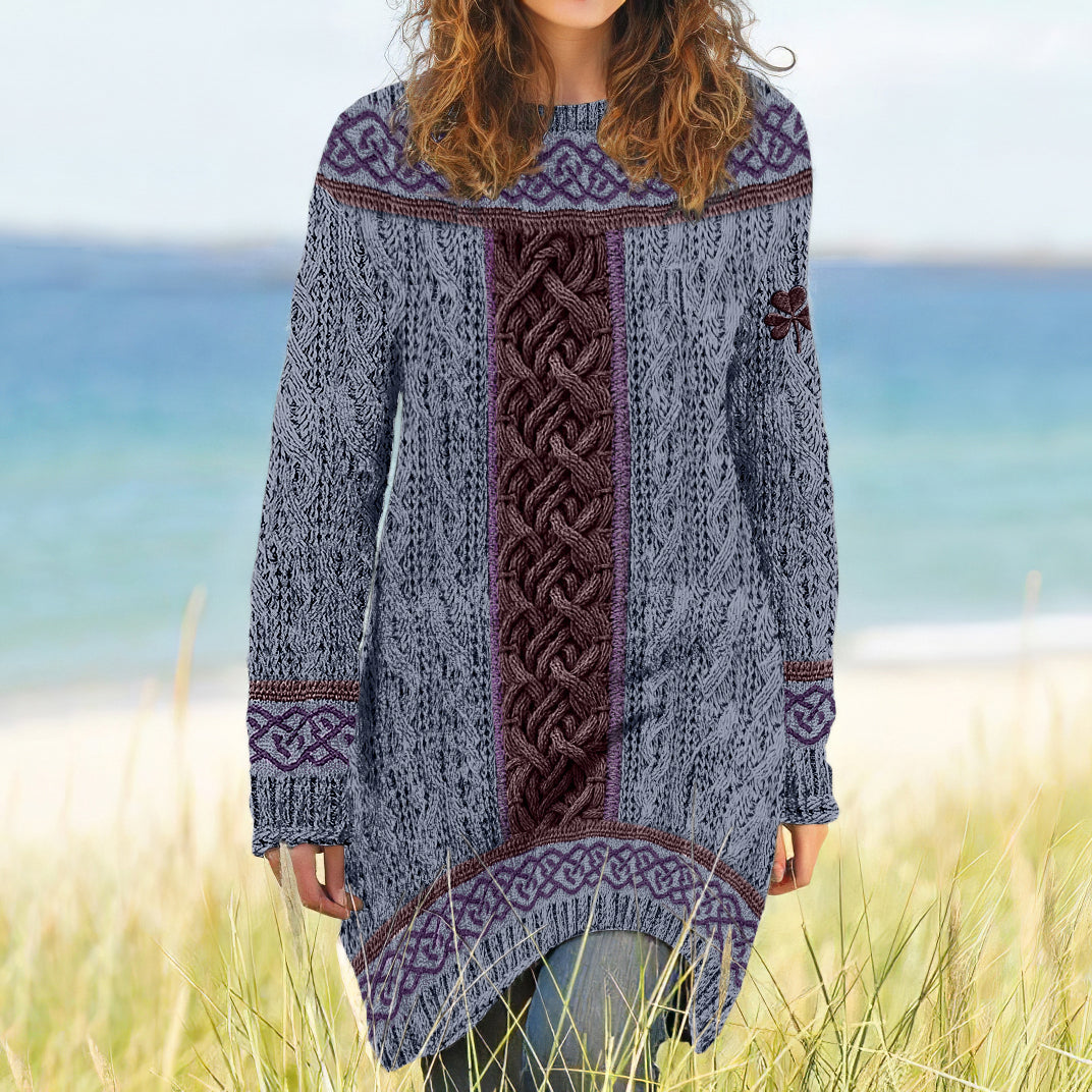 Women's Irish Celtic Knotted Shamrock Contrast Jacquard Sweater Dress artswardrobe