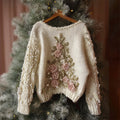 Comstylish Pink Roses Christmas Tree Beaded Cozy Knit Sweater