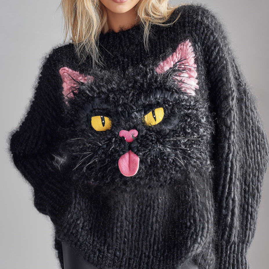 Women's National Black Cat Day Cute Black Cat Art Knitted Warm Sweater