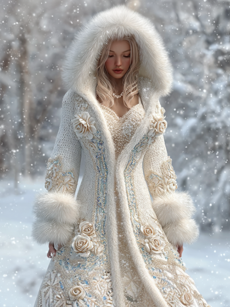 Comstylish Christmas Ice Rose Lady Long Sleeve Knit Hooded Sweater Jacket