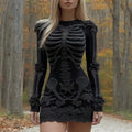 Comstylish Women's Halloween Skeleton Flower Art Embroidery Cozy Knit Mini Sweater Dress