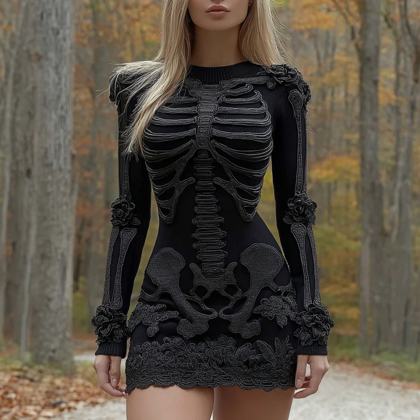 Comstylish Women's Halloween Skeleton Flower Art Embroidery Cozy Knit Mini Sweater Dress