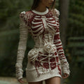 Comstylish Women's Halloween Halloween Skeleton Bones Bandage With Rose Art Cozy Knit Mini Sweater Dress