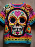 Comstylish Colorful Sugar Skull Crochet Short Sleeve Knit Sweater Shirt