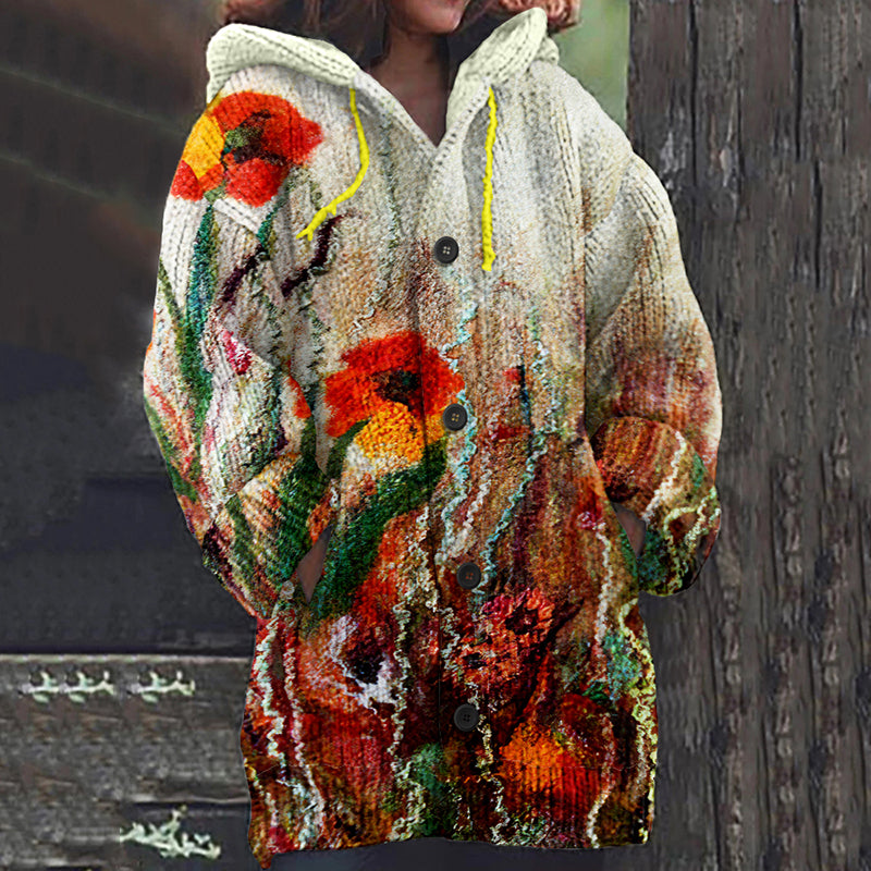 Vintage Colorful Floral Art Cozy Button Sweater elevenforest