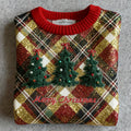 Comstylish Women's Christmas Tree Check Knit Crew Neck Sweater