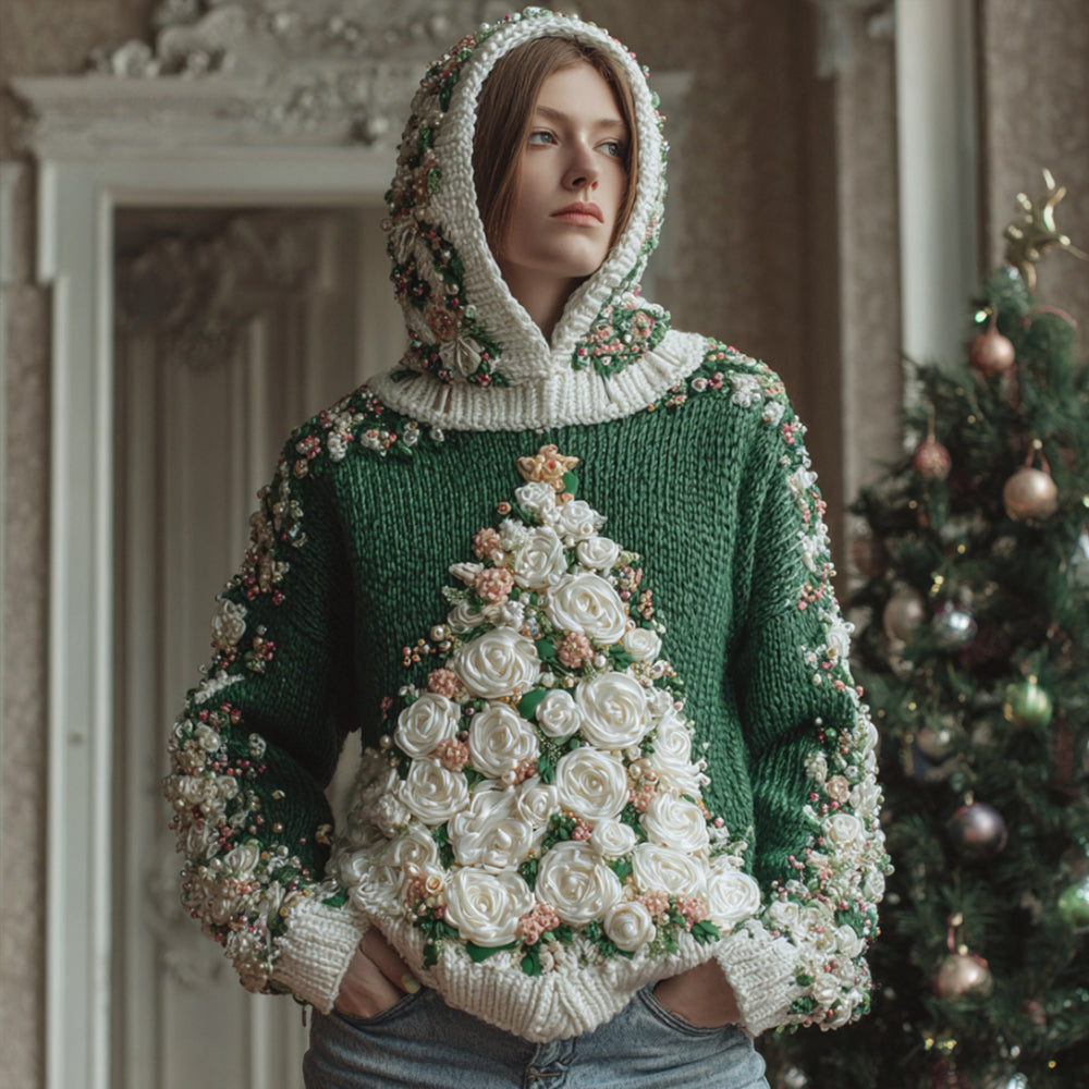 Vintage Christmas Stars Christmas Tree Warm Hooded Sweater artswardrobe