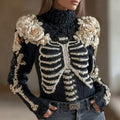 Women's Skeleton White Roses Art Cozy Knit Turtleneck Sweater artswardrobe