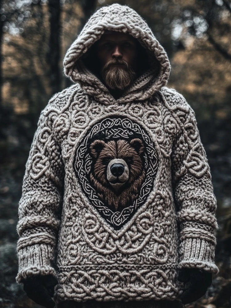 Men's Viking Bear Inspired Celtic Chunky Hooded Sweater artswardrobe