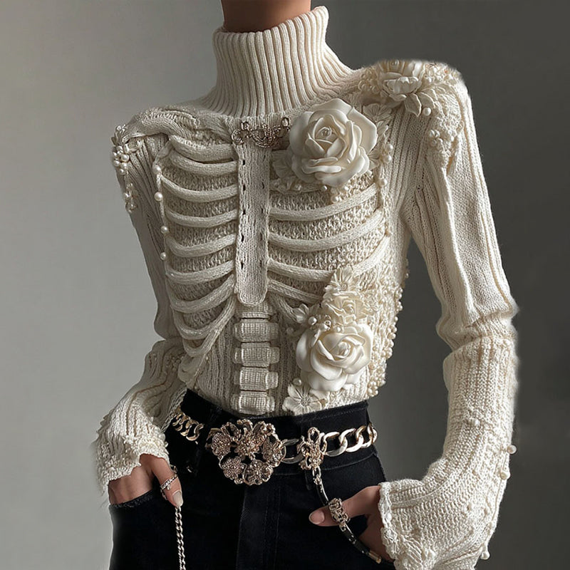 Comstylish Women's Vintage Skeleton & White Rose Art Cozy Sweater