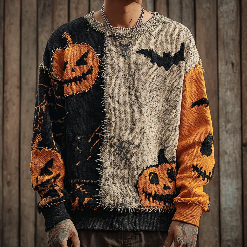 Pumpkin & Bat Irregular Patchwork Men's Sweater artswardrobe