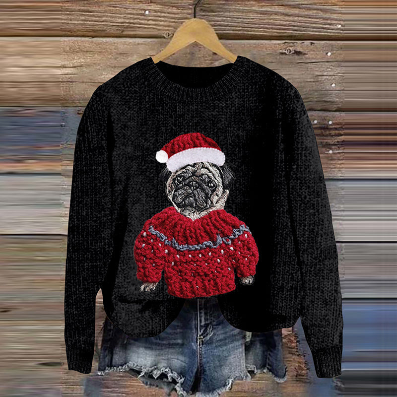 Comstylish Women's Christmas Pug Applique Art Cozy Sweater