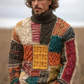 Men's Vintage Geometric Patchwork Cozy Turtleneck Sweater artswardrobe