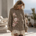 Women's Vintage Pink Rose Floral Chunky Knit Crew Neck Sweater artswardrobe