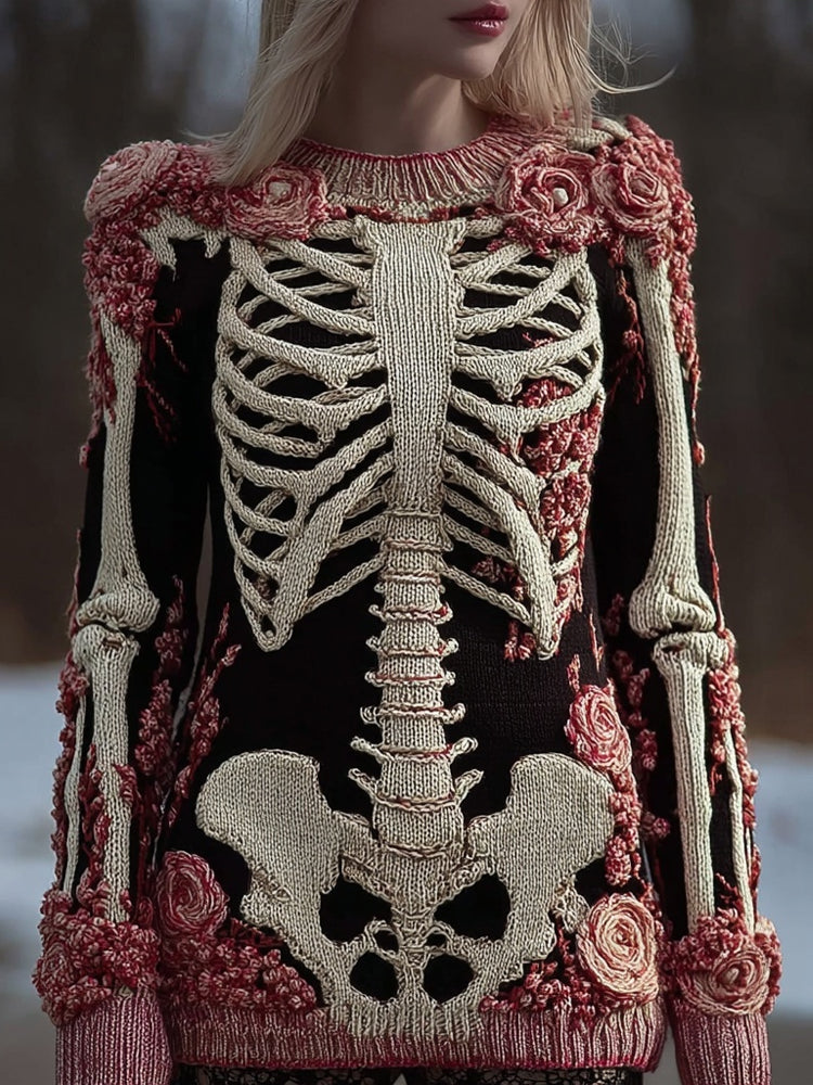 Comstylish Vintage Skeleton Roses Crew Neck Comfy Knit Sweater