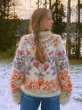 Comstylish Women's Embroidered Flower Warm Plush High Neck Sweater