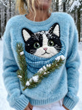 Winter Cat Design Women's Soft Plush Sweater elevenforest