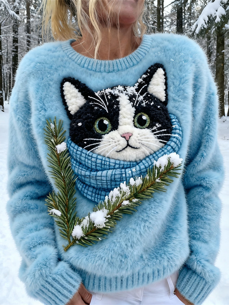 Winter Cat Design Women's Soft Plush Sweater elevenforest