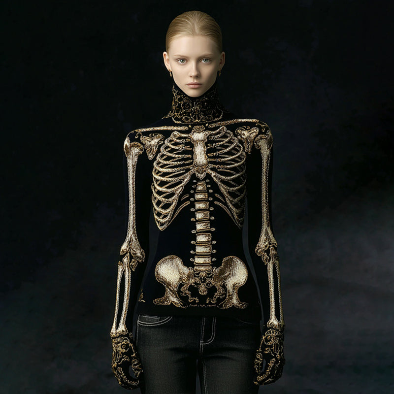 Comstylish Women's Gothic Style Skeleton High Neck Cozy Sweater