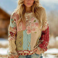 Women's Vintage Rose Floral Chunky Knit Warm Crew Neck Sweater artswardrobe
