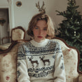 Women's Christmas Elk Fair Island Pattern White Round Neck Sweater artswardrobe