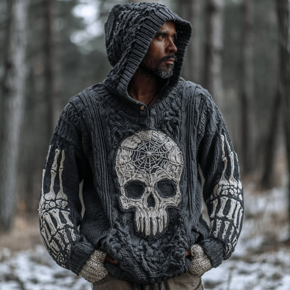 Men's Halloween Skeleton And Spider Web Embroidery Vintage Gray Sweater elevenforest