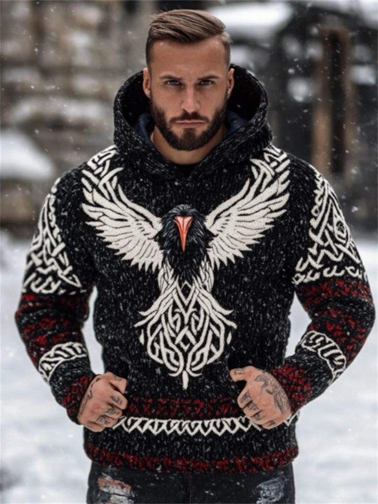 Men's Viking Raven Celtic Contrast Cozy Hooded Sweater elevenforest