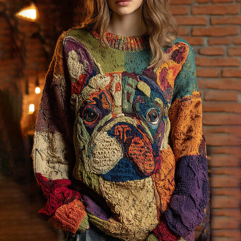 Vintage Classic Patchwork Lovely Cute Pug French Bulldog Inspired Cozy Knit Sweater artswardrobe