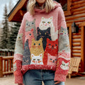 Women's Colorful Cats Pattern Cozy Knit Hooded Sweater artswardrobe