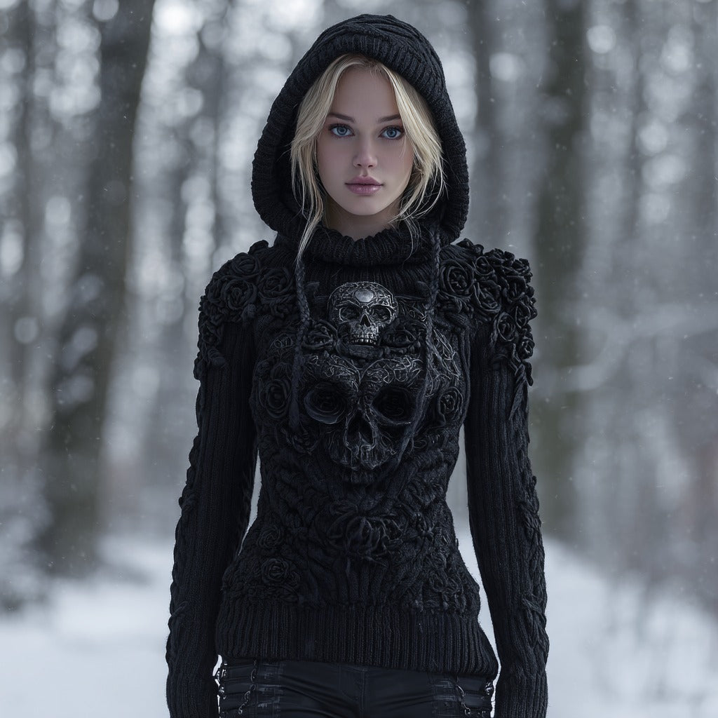 Comstylish Women's Vintage Celtic Knot Skull And Roses Knitted Hooded Sweater