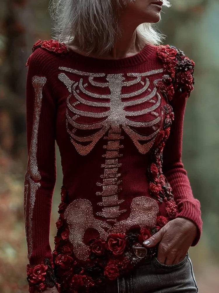 Comstylish Women's Halloween Skeleton Flower Red Edge Round Neck Sweater