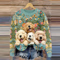 Comstylish Women's Vintage Golden Retrievers And Floral Art Graphics Cozy Sweater