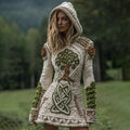 Women's Viking Celtic Tree Of Life With Rose Art Cozy Knit Mini Hooded Sweater Dress artswardrobe