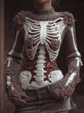 Comstylish Women's Halloween Skeleton Art High Collar Sweater
