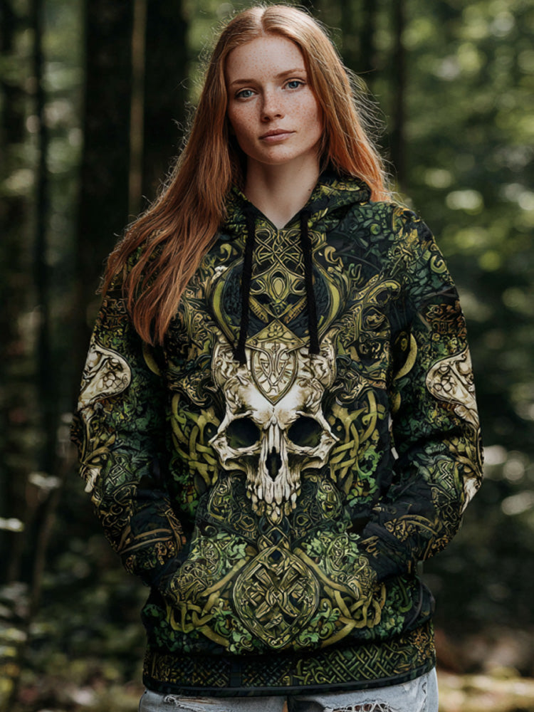 Women's Vintage Viking Tribal Celtic Skull Gradient Art Chunky Knit Hooded Sweater elevenforest