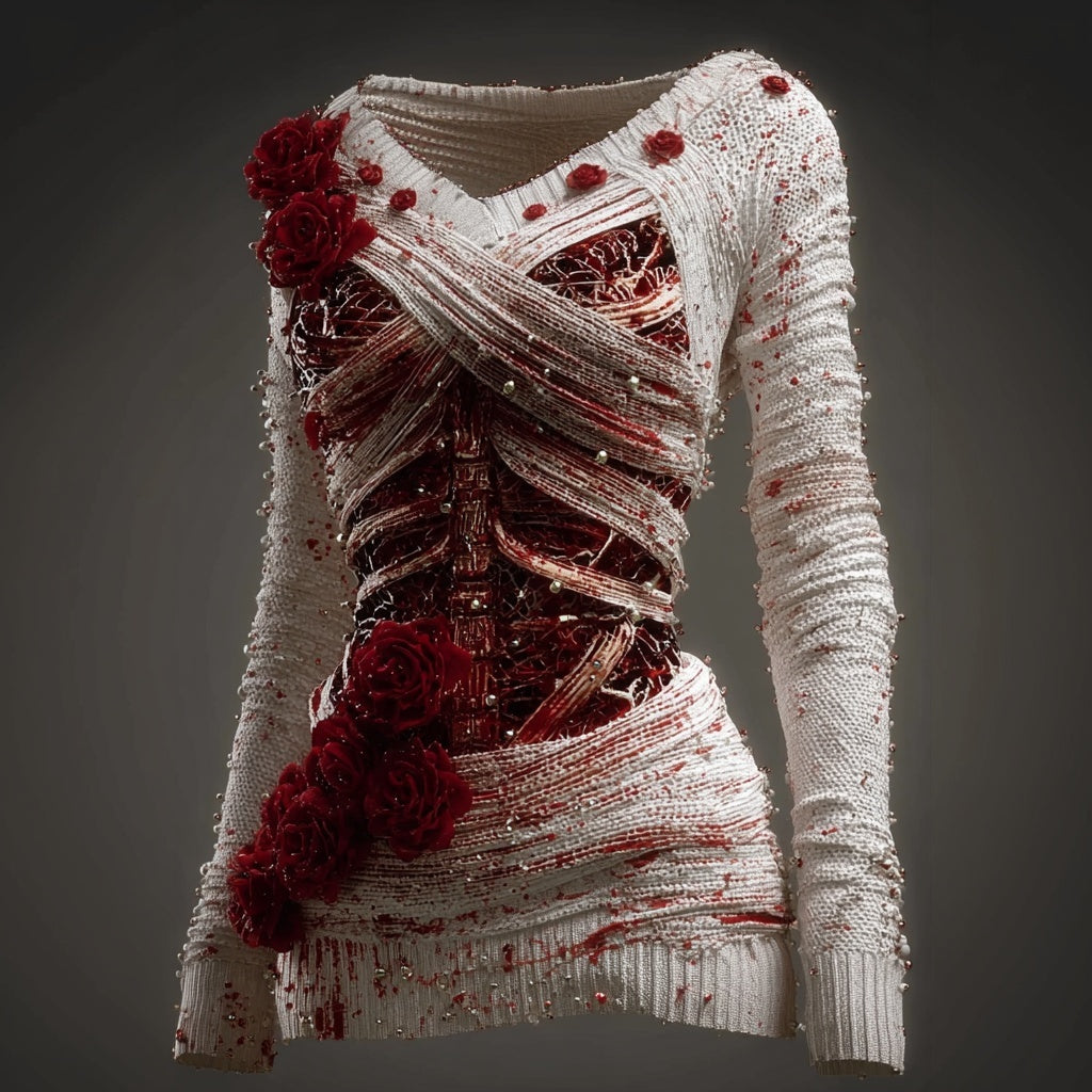 Comstylish Classy Skeleton Bloody Roses Bandages V Neck Sweater