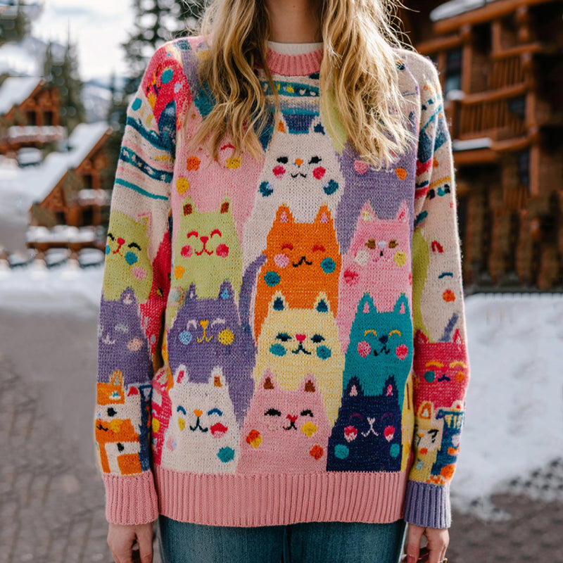 Colorful Cats Pattern Art Cozy  Knit Sweater artswardrobe