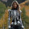 Women's Vintage Halloween Skeleton Bones With Roses Art Knitted Warm Turtleneck Sweater artswardrobe
