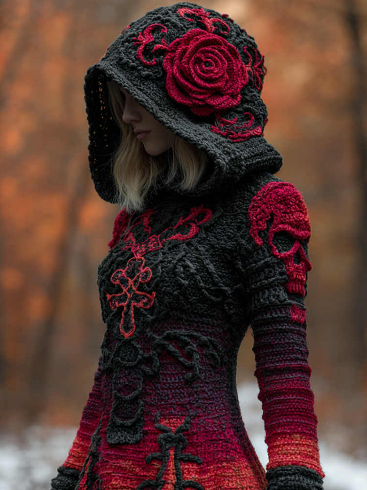 Halloween Viking Style Lady Hooded Knit Sweater Dress elevenforest