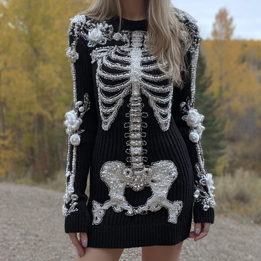 Comstylish Women's Vintage Halloween Skeleton Bones Rose Beading Art Cozy Knit Mini Sweater Dress