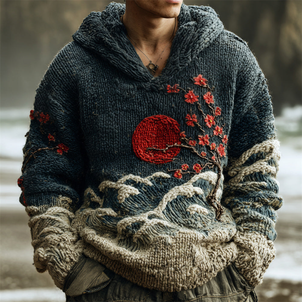 Vintage Japanese Floral Art Men's Knit Hooded Sweater artswardrobe