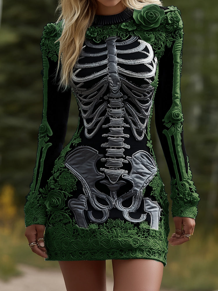 Comstylish Women's Halloween Skeleton Bones Leather With Rose Pattern Art Hot Sexy Style Cozy Knit Mini Sweater Dress