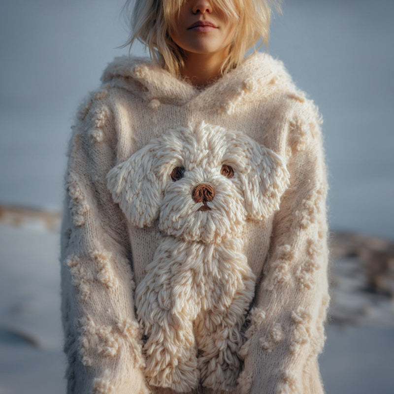 Comstylish Cute Fuzzy Dog Embroidered Cozy Hooded Sweater