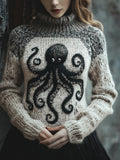 Women's Felt Octopus Pattern Cozy Knit Vintage Sweater artswardrobe