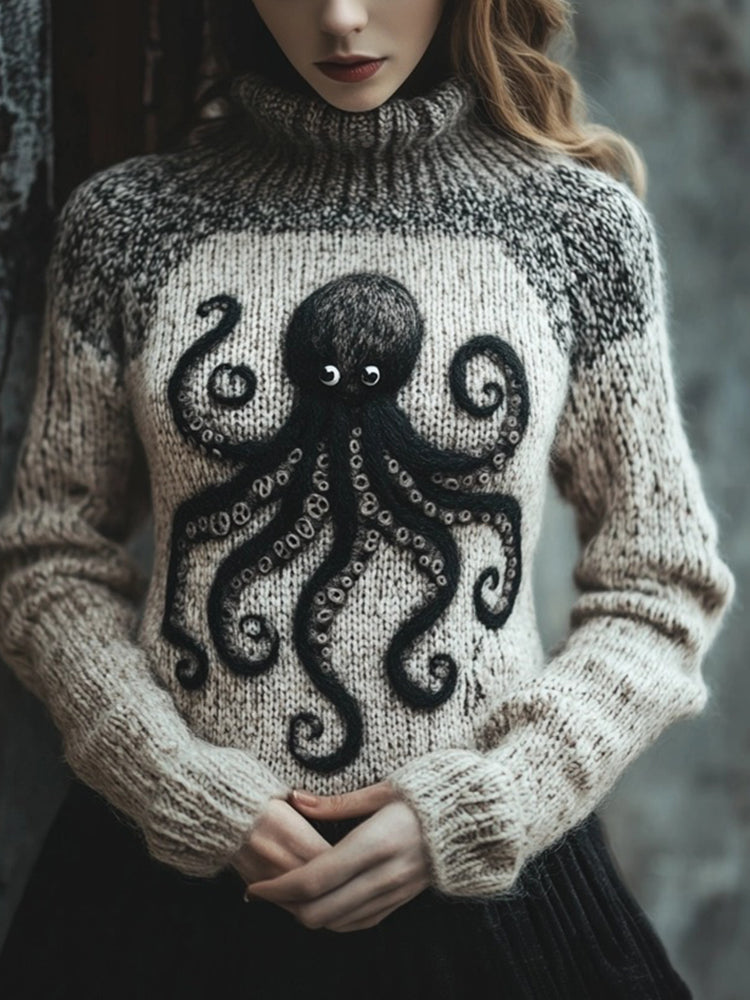 Women's Felt Octopus Pattern Cozy Knit Vintage Sweater artswardrobe