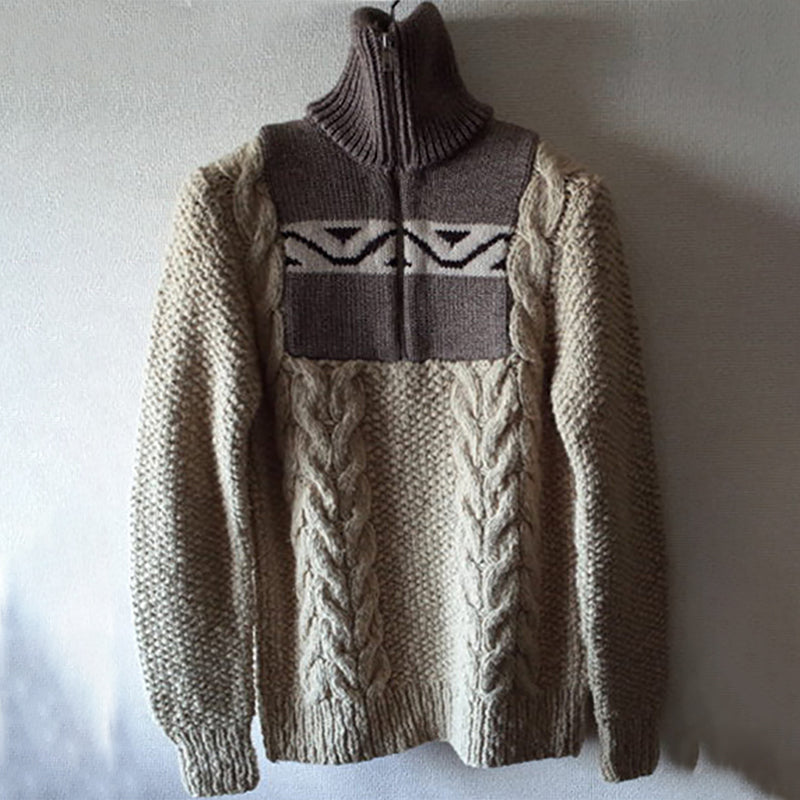 Men's Wave Patchwork Cable Knit Art Zippered Turtleneck Sweater artswardrobe